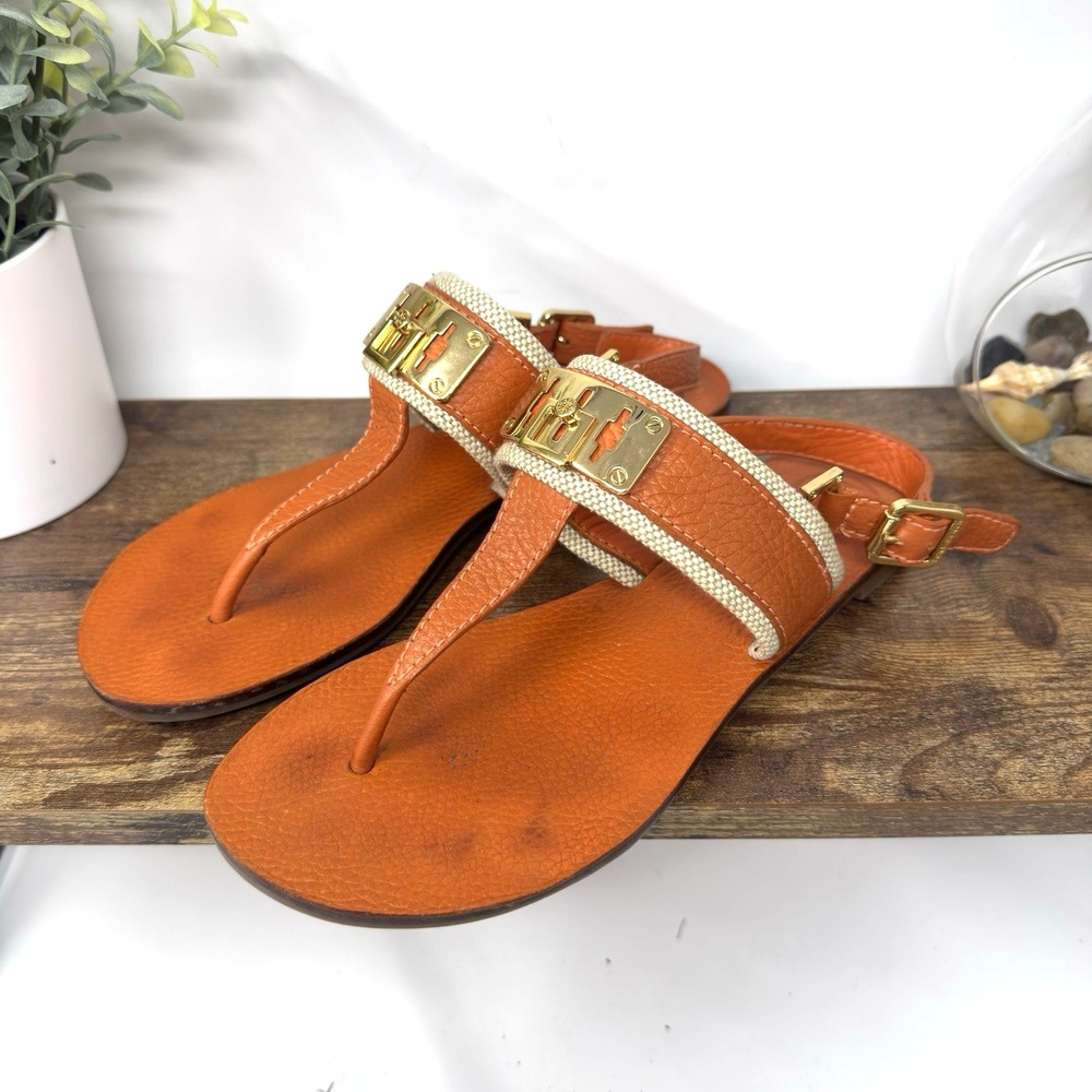 Tory Burch Orange Leather T- Strap Flat Sandals Size 7M Gold Hardware